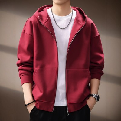 高端日系复古480g重磅连帽卫衣外套男秋季简约舒适宽松休闲夹克男