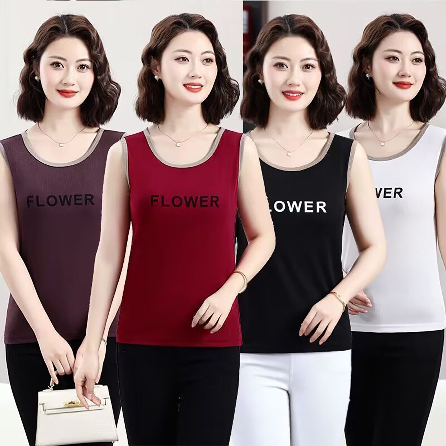 进忆女装FLOWER撞色字母吊带花背心春夏女士印花显瘦无袖打底上a6