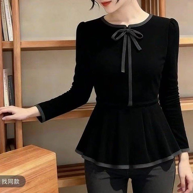 丝绒黑色上衣2026秋季系带蝴蝶结收腰显瘦长袖T恤女上衣a9