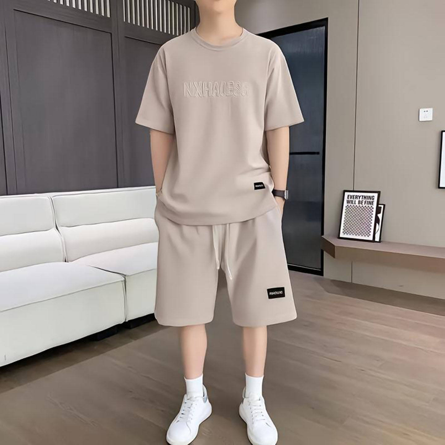 芸菲汇男装2026夏季新款时尚休闲运动套装男士T恤短袖短裤两件a6