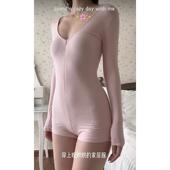 显瘦居家连体短裤 纯欲风辣妹粉色圆领拉链长袖 修身 新款 连体衣秋季