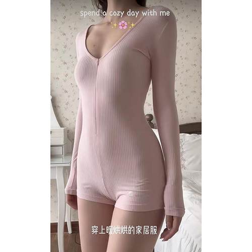 粉色短裤连体衣拉链长袖