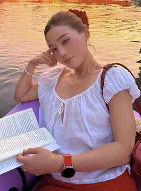 韩系气质简约白色薄款系带圆领短袖上衣显瘦气质宽松外穿别致小衫