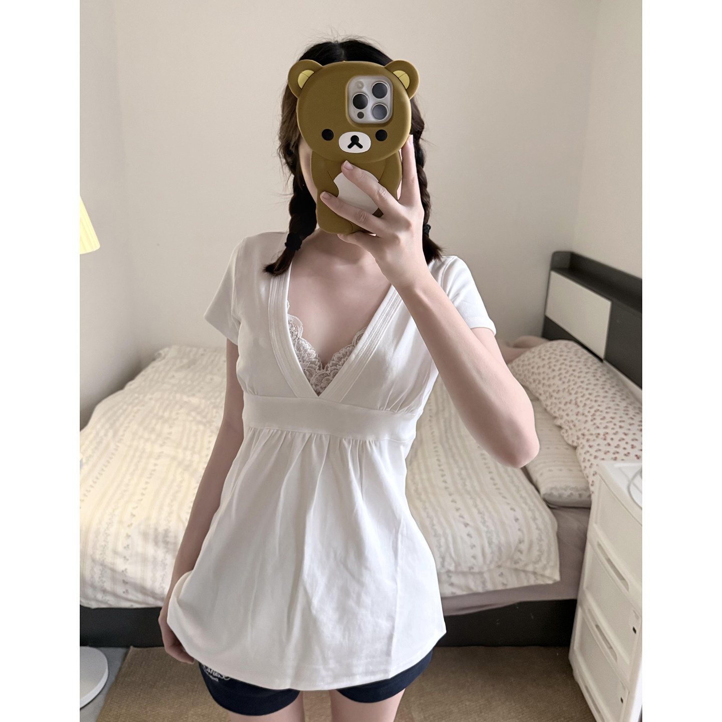纯欲风辣妹设计感深V领短袖收腰上衣显瘦气质外穿纯色弹力叠穿T恤