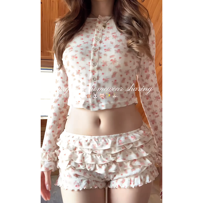 纯欲风辣妹设计感碎花针织居家服套装花边长袖短款开衫荷叶边短裤,女装/女士精品,时尚套装,淘宝优惠券,粉丝福利购,淘宝优惠卷