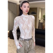 收腰修身 纯欲风辣妹高级感花边半高领长袖 连体蕾丝衫 气质内搭上衣