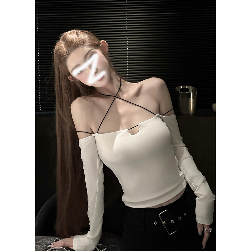 纯欲风辣妹挂脖抽绳一字肩长袖修身上衣显瘦百搭性感小心机T恤女
