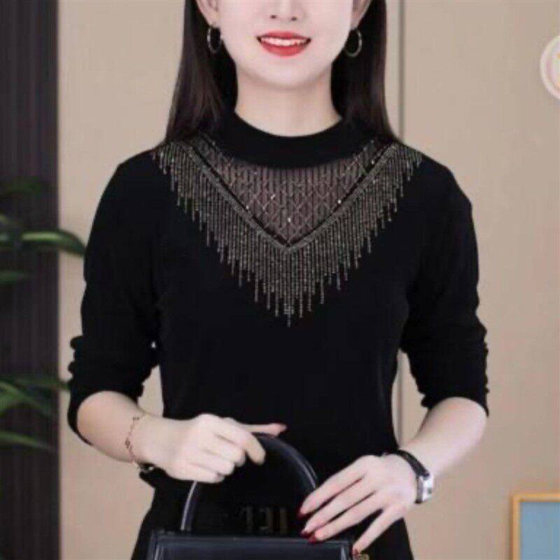 云佳女装洋气烫钻长袖打底衫2026秋冬女士修身T恤气质妈妈装上a5