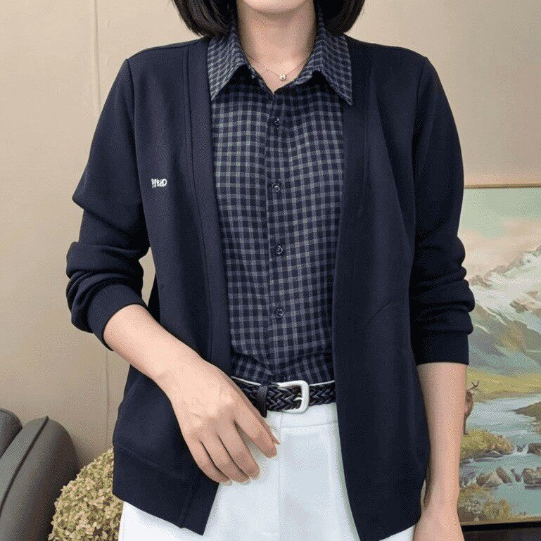 秋季新款翻领格子假两件显瘦百搭女士长袖衬衣上衣a4