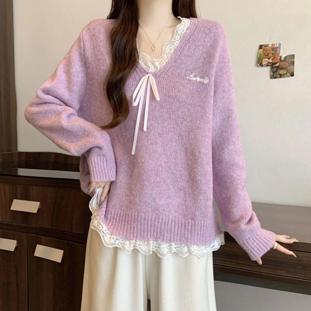 大码蝴蝶结拼接花边时尚胖mm显瘦气质长袖毛衣百搭宽松女针织衫a8