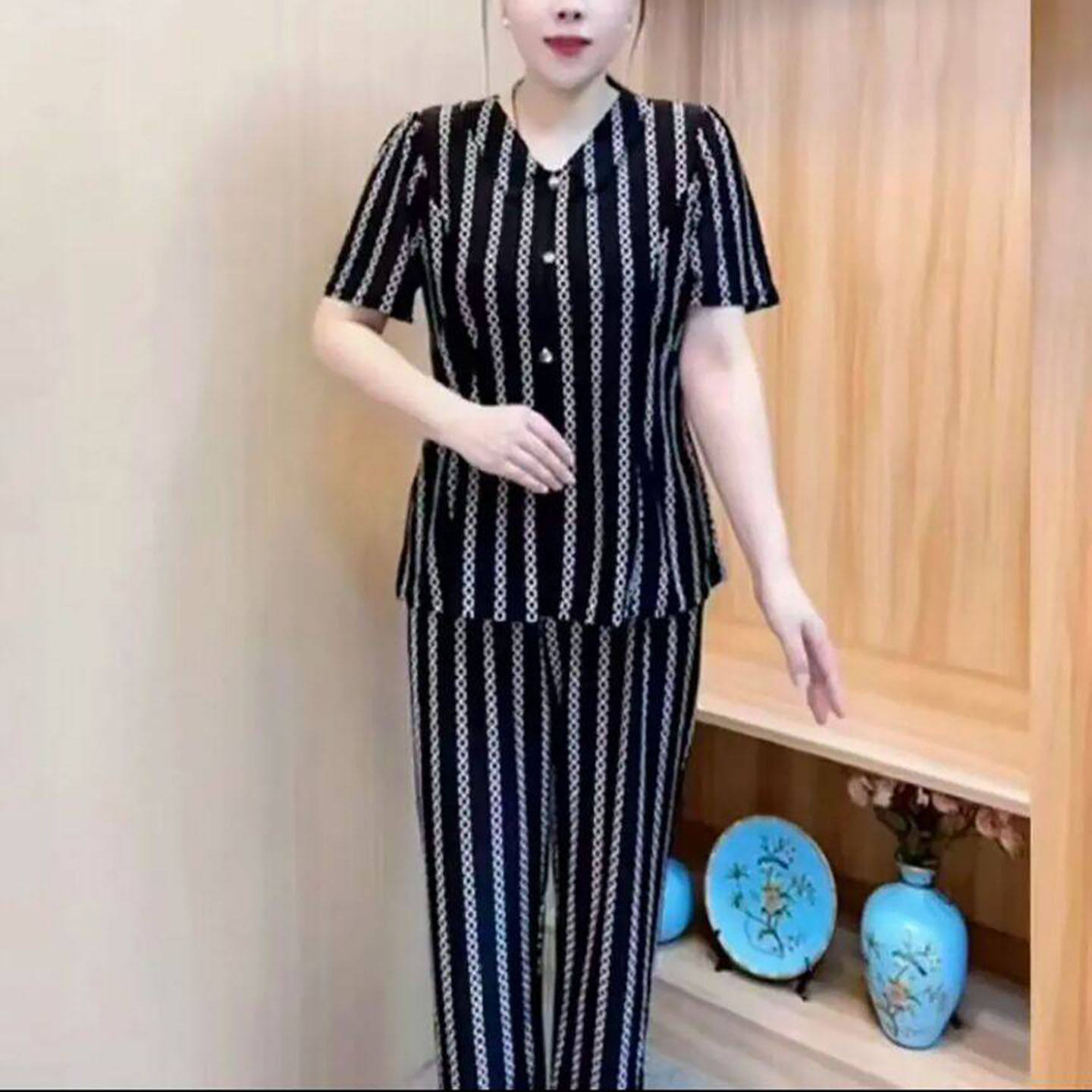 哲算女装2026新款娃娃领两件套时尚减龄短袖套装春夏季百搭妈妈a3