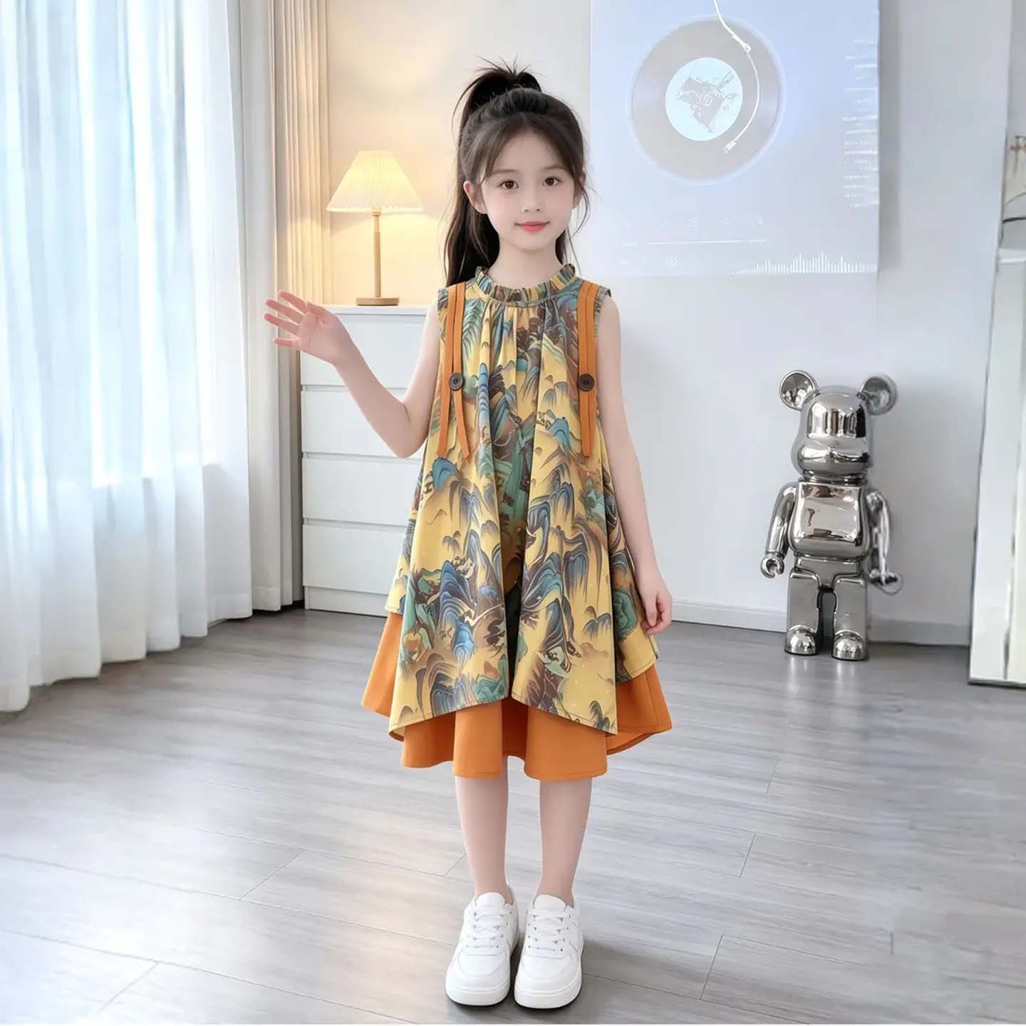 恒清女童连衣裙国风千里江山印花裙2026新款洋气无袖背心裙子童a3