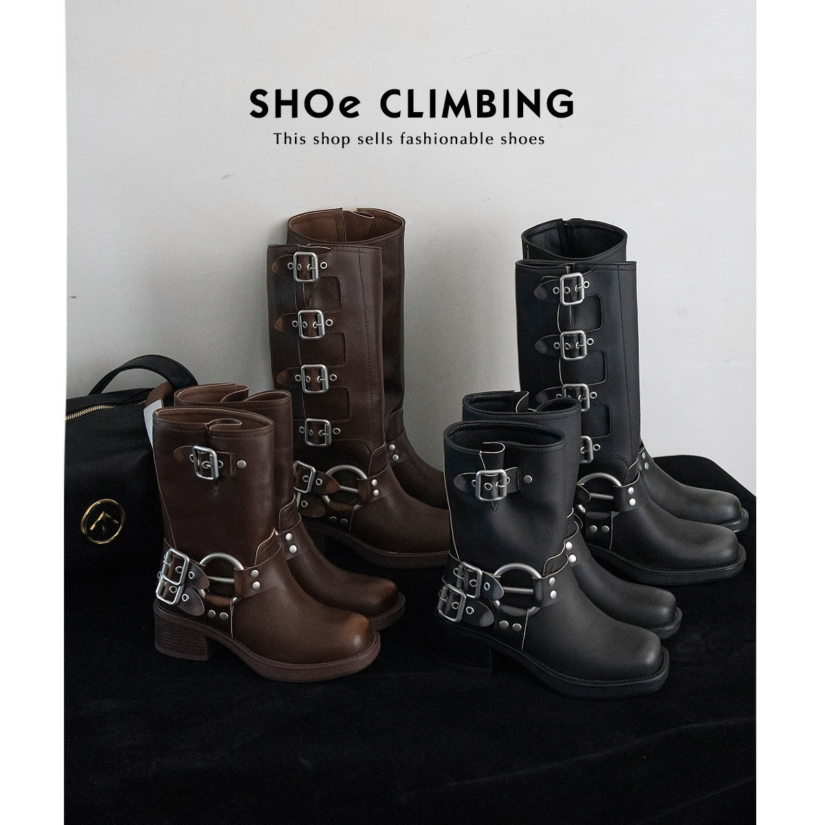 短靴棕色miu家长筒靴女秋季