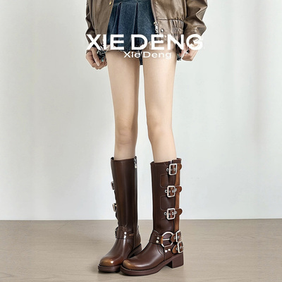 「鞋登」真皮棕色miu长筒靴女款西部牛仔美拉德骑士靴易梦玲同款