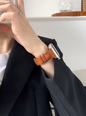 适用苹果手表表带s8代紫色真皮皮质applewatch手表带iwatch7小蛮腰小众s7女款41/44/45mm49小羊皮带潮流ultra