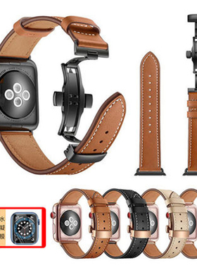 适用苹果手表iwatch7表带6代新款seies 7代applewatch6皮质s6牛皮s7金属扣1/2/3/4/5/SE真皮44mm手表带男款40