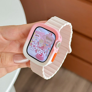 适用苹果iwatch10/11手表表带新款保护壳撞色applewatchs9表带s8/7/6/5代表带女款磁吸矽胶Ultra创意高级感