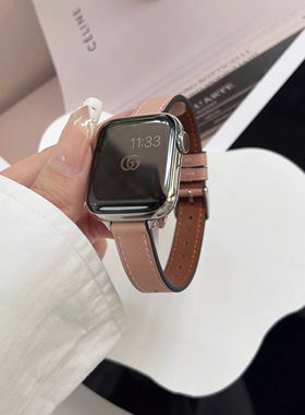 适用iwatch ultra2表带高级皮质applewatch9/8/7/6se代创意苹果手表表带41/45/49mm男女潮复古纹直身皮表带潮