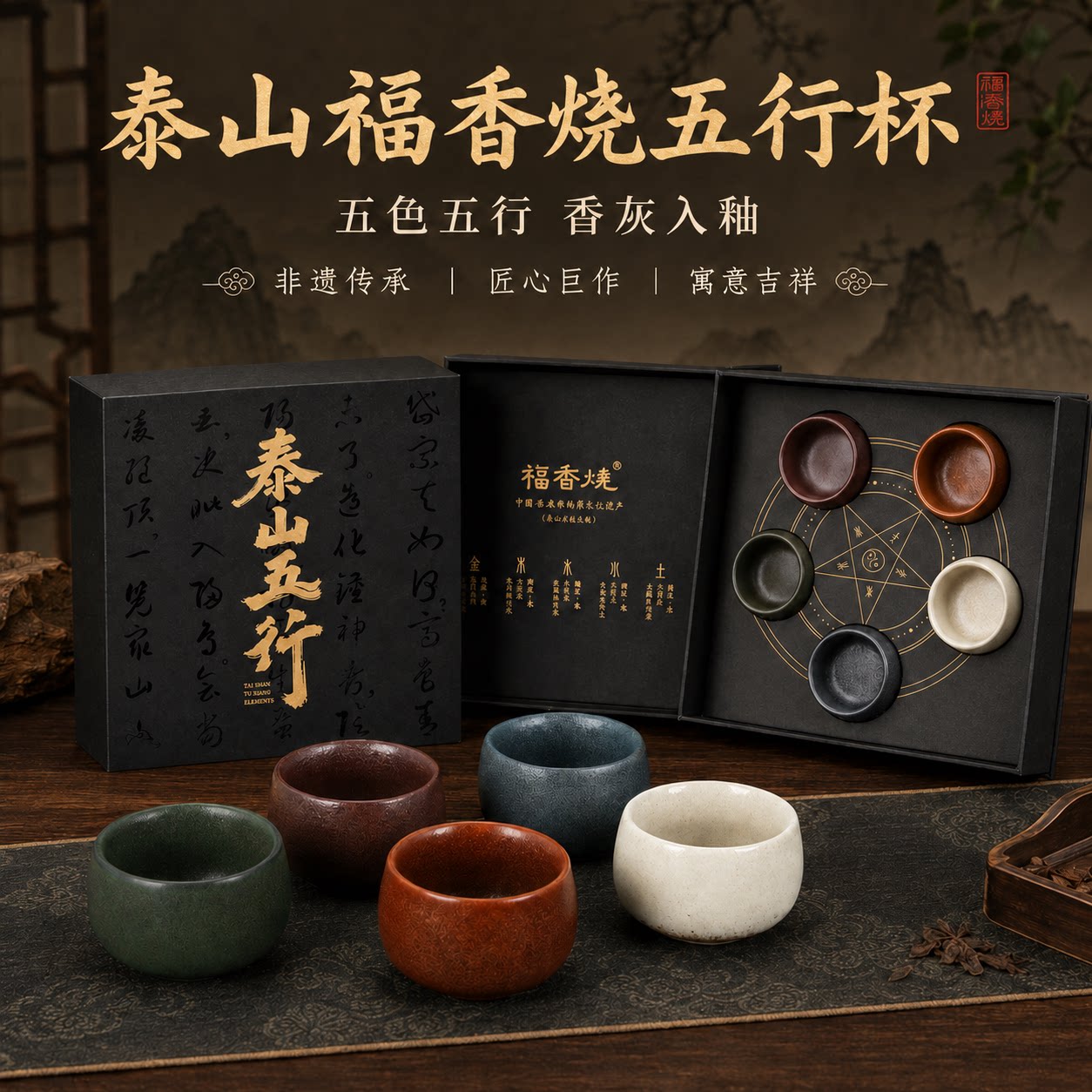 泰山福香烧非遗手作礼品五行杯茶具礼盒装送朋友送长辈旅游伴手礼