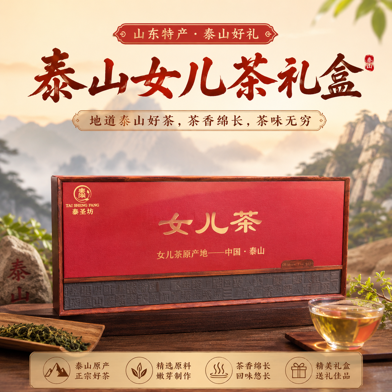 泰圣坊泰山女儿绿茶礼盒山东特产