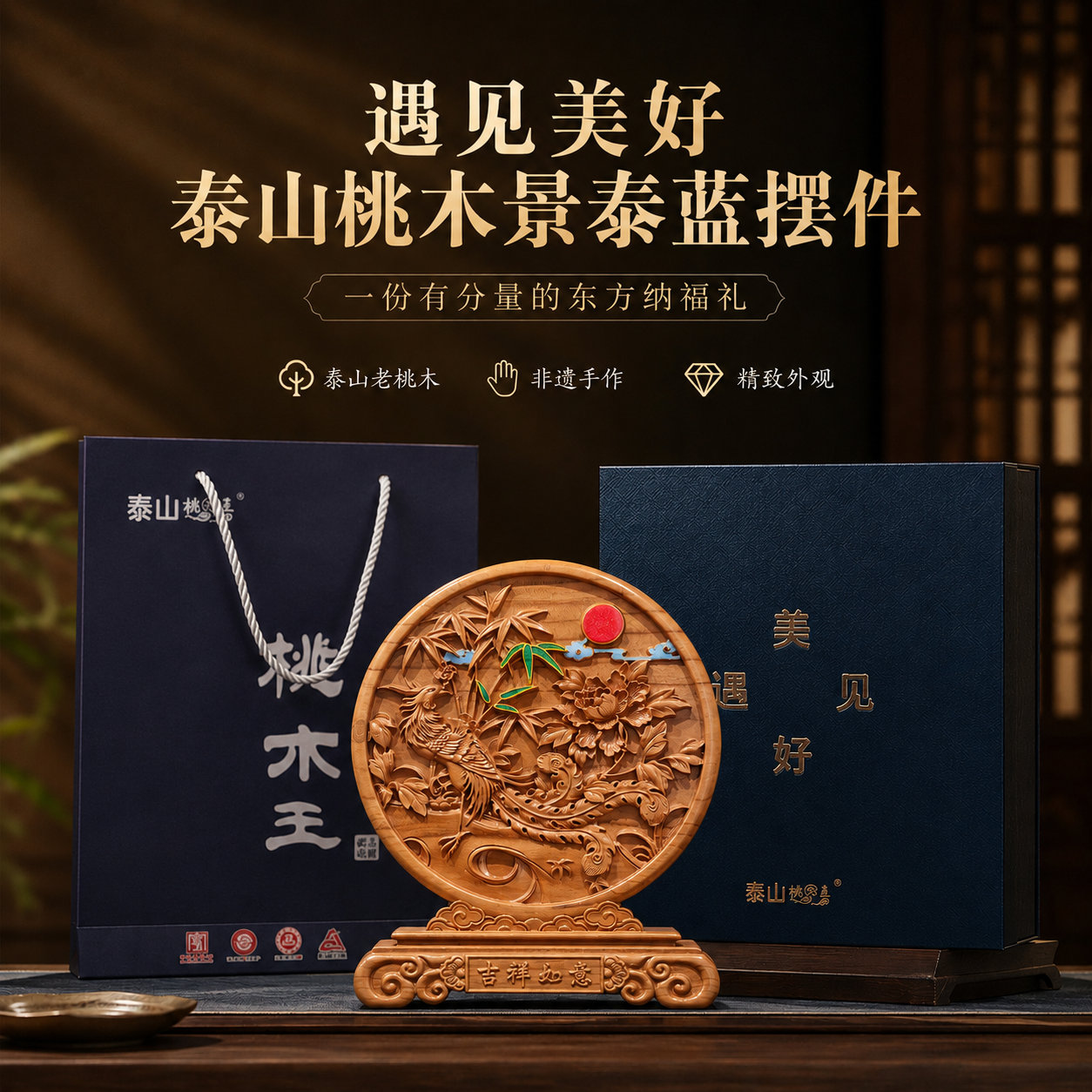 泰山非遗景泰蓝桃木摆件送长辈领导公司开业乔迁高端商务礼盒装