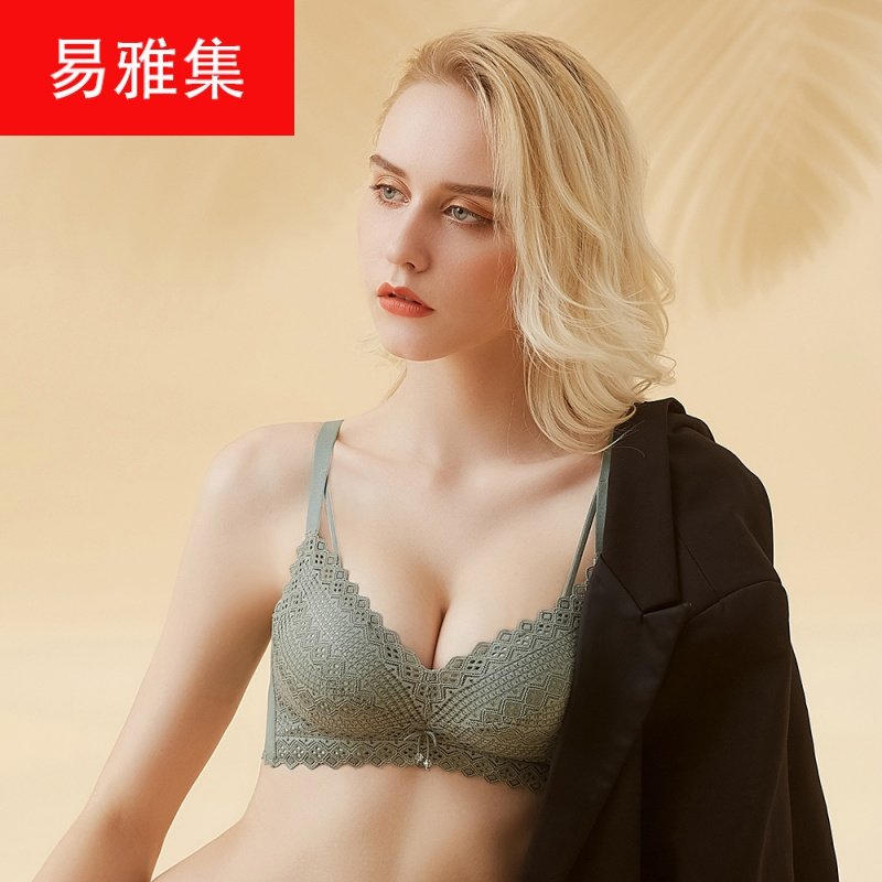 森系新品镂空蕾丝文胸美胸无磁聚拢厚杯无钢圈内衣棉质里料