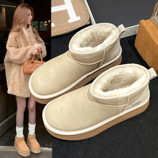加绒加厚皮面厚底防水防滑短靴保暖棉鞋 东北雪地靴女2025冬季 新款