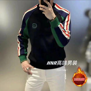 打底衫 撞色刺绣加绒卫衣秋冬男条纹长袖 百搭潮流上a99 点击率男装