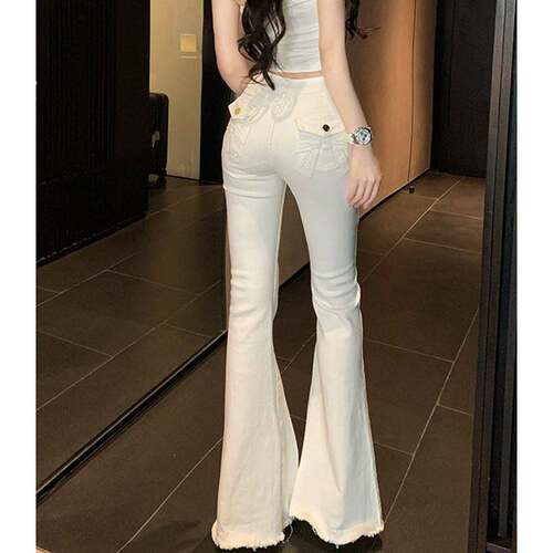 李李服饰服装店白色蝴蝶结微喇叭牛仔裤夏季新款高腰提臀毛边长a9