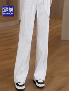Romon/罗蒙女装阔腿裤女2024春秋新款高腰垂感宽松拖地休闲运动裤
