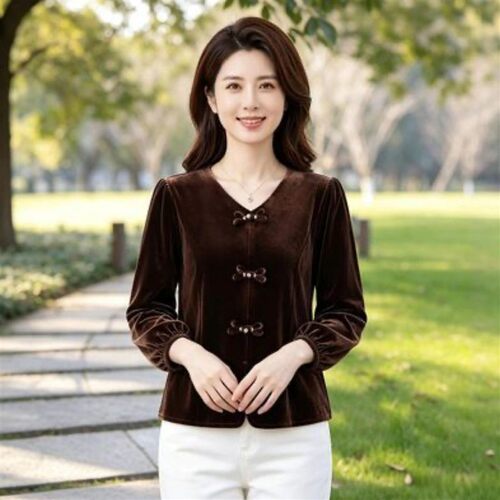 云佳女装金丝绒牡丹衫2026秋季女士V领盘扣打底衫气质妈妈装上a2