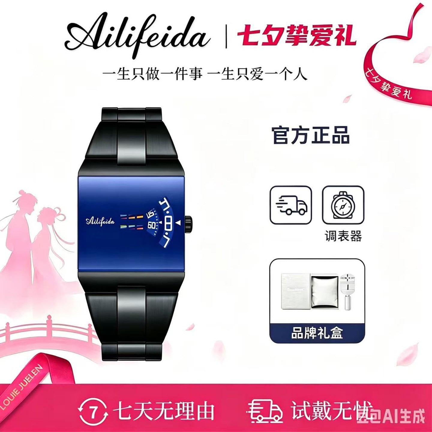 点击率时尚手表七夕节礼物男士防水腕表钢带石英表科技之心小方a2
