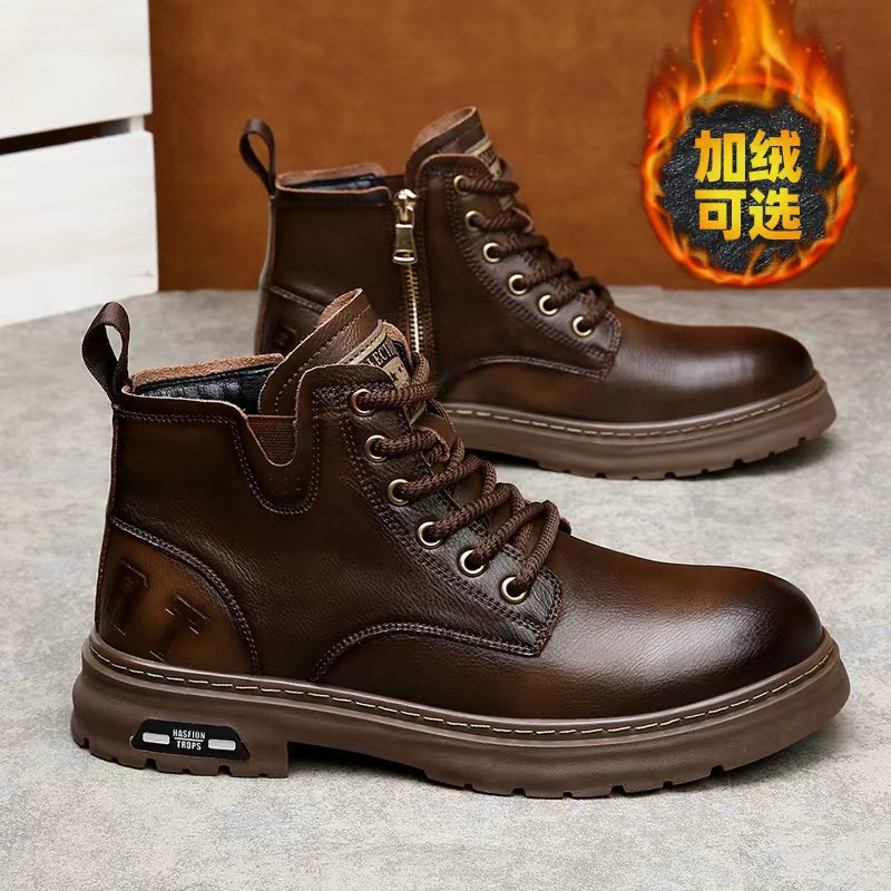 劲步男鞋马丁靴男士潮款2025冬季真皮加绒保暖工装靴子防滑耐磨