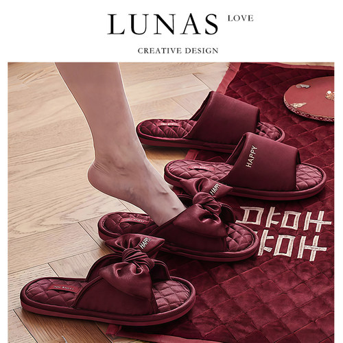 LUNA'S L室内缎面新婚高级感拖鞋子结婚用喜庆红色一对情侣夏防滑
