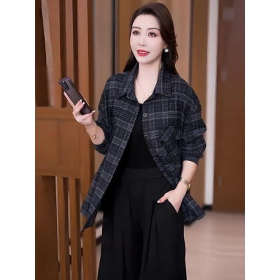 复古时尚格子衬衫女2025秋季新款洋气宽松长袖上衣百搭遮肚子衬衣