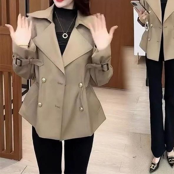 时尚韩版简约通勤风衣短款外套女春秋季新款百搭收腰显瘦休闲上a6