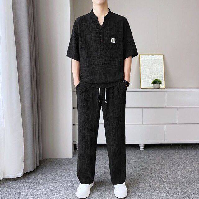 @点击率服饰男装新中式盘扣冰丝套装夏季男款V领短袖长裤两件套a8
