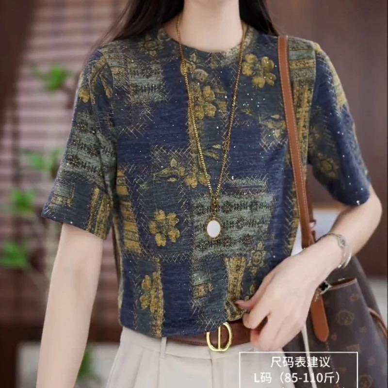【洒银亮片】夏季时尚复古蓝黄印花短袖女士洋气百搭减龄宽松上a7