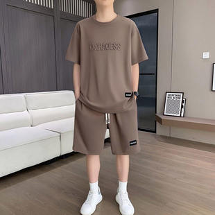 玟若服饰专卖店男装夏季短裤短袖字母钢印圆领T恤休闲运动套装a5