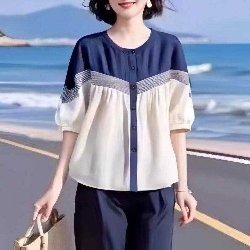 ~格颖女装休闲素雅拼接宽松套装复古衬衫九分阔腿裤夏季女两件a2