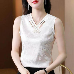 芸菲汇中式盘扣吊带背心女国风提花缎面西装内搭无袖仿真丝打底a9