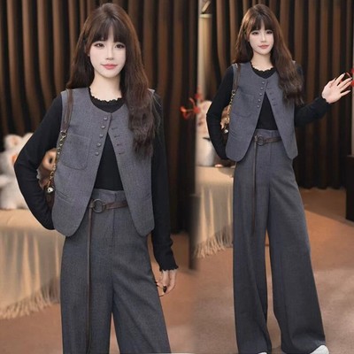时尚西装套装女2025秋季新款洋气显瘦无袖马甲打底衫阔腿裤三件套