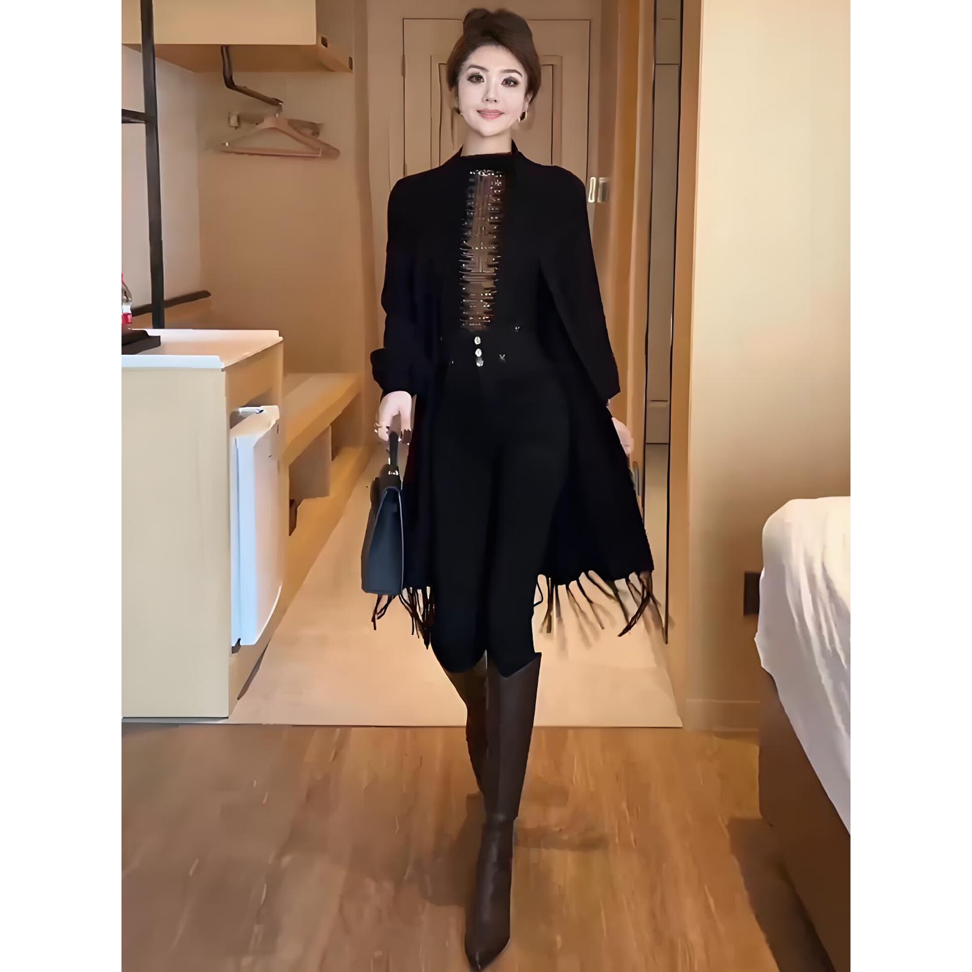 韩版时尚中长款毛衣外套女2025秋季新款流苏下摆气质披肩洋气上衣