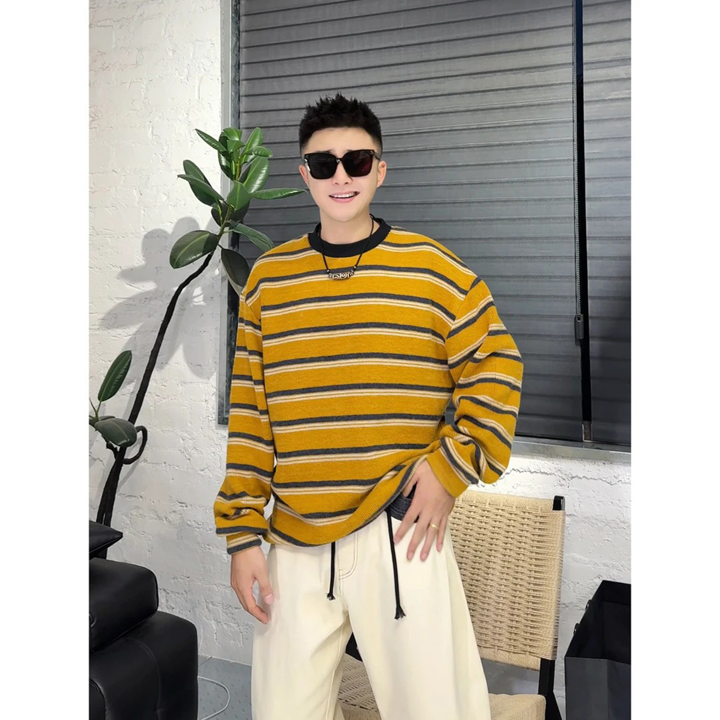 2025秋冬新款撞色条纹长袖针织衫