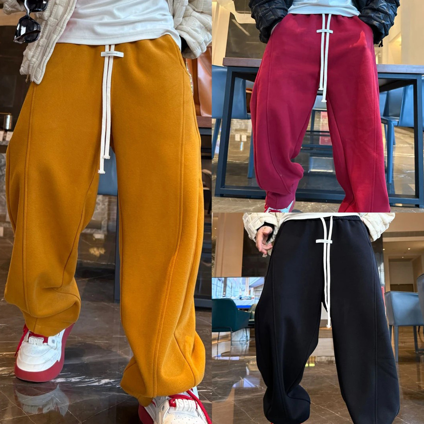 素搭冬季新款慵懒风加绒加厚休闲裤男宽松百搭纯色松紧腰弯刀裤潮,男装,休闲裤,淘宝优惠券,粉丝福利购,淘宝优惠卷