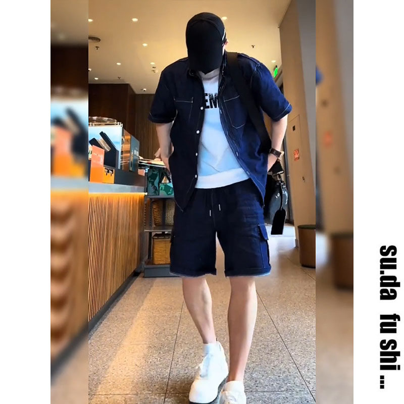 痞帅宽松明显工艺翻领短袖素搭