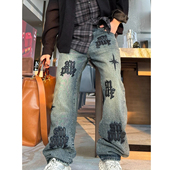 炸街潮流痞帅水洗做旧百搭直筒裤 秋季 男时尚 重工贴布绣牛仔裤 新款