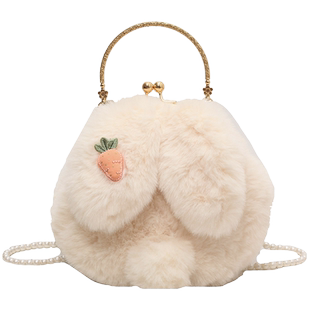 毛绒包包女2025新款秋冬百搭小众兔子手提链条斜挎包毛毛包小圆包