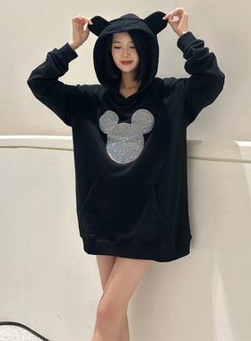 ESSENTIALS（特价清仓）烫钻黑色加绒卫衣女宽松上衣连帽外套