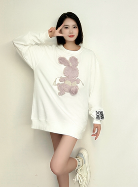 ESSENTIALSKKK2024年秋冬新款刺绣兔子卫衣女宽松中长款圆领上衣